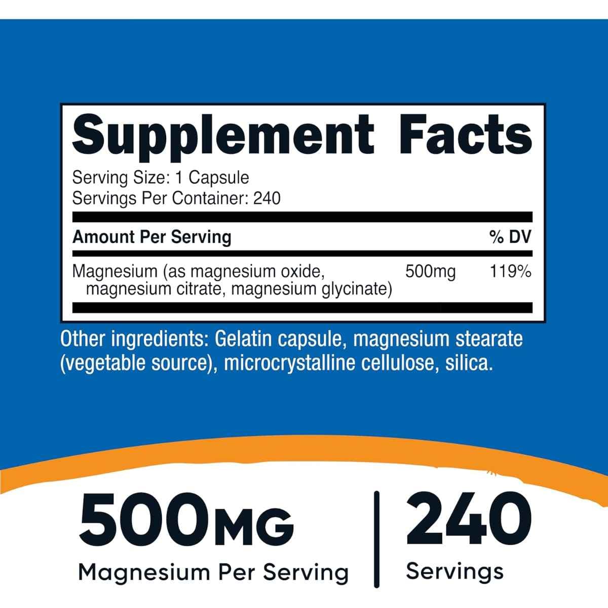 Tabla nutricional del suplemento Nutricost Complejo de Magnesio 500 mg 240 cápsulas