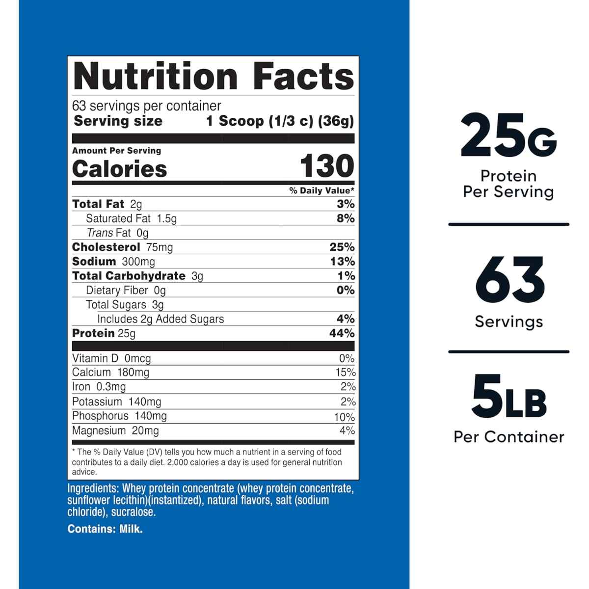 Tabla nutricional del suplemento Nutricost Concentrado de Proteína de Suero sabor vainilla 25g Proteína 5 lbs