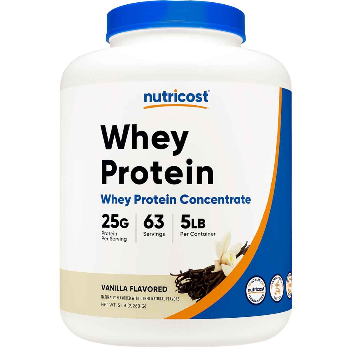 Frasco de suplemento Nutricost Concentrado de Proteína de Suero sabor vainilla 25g Proteína 5 lbs