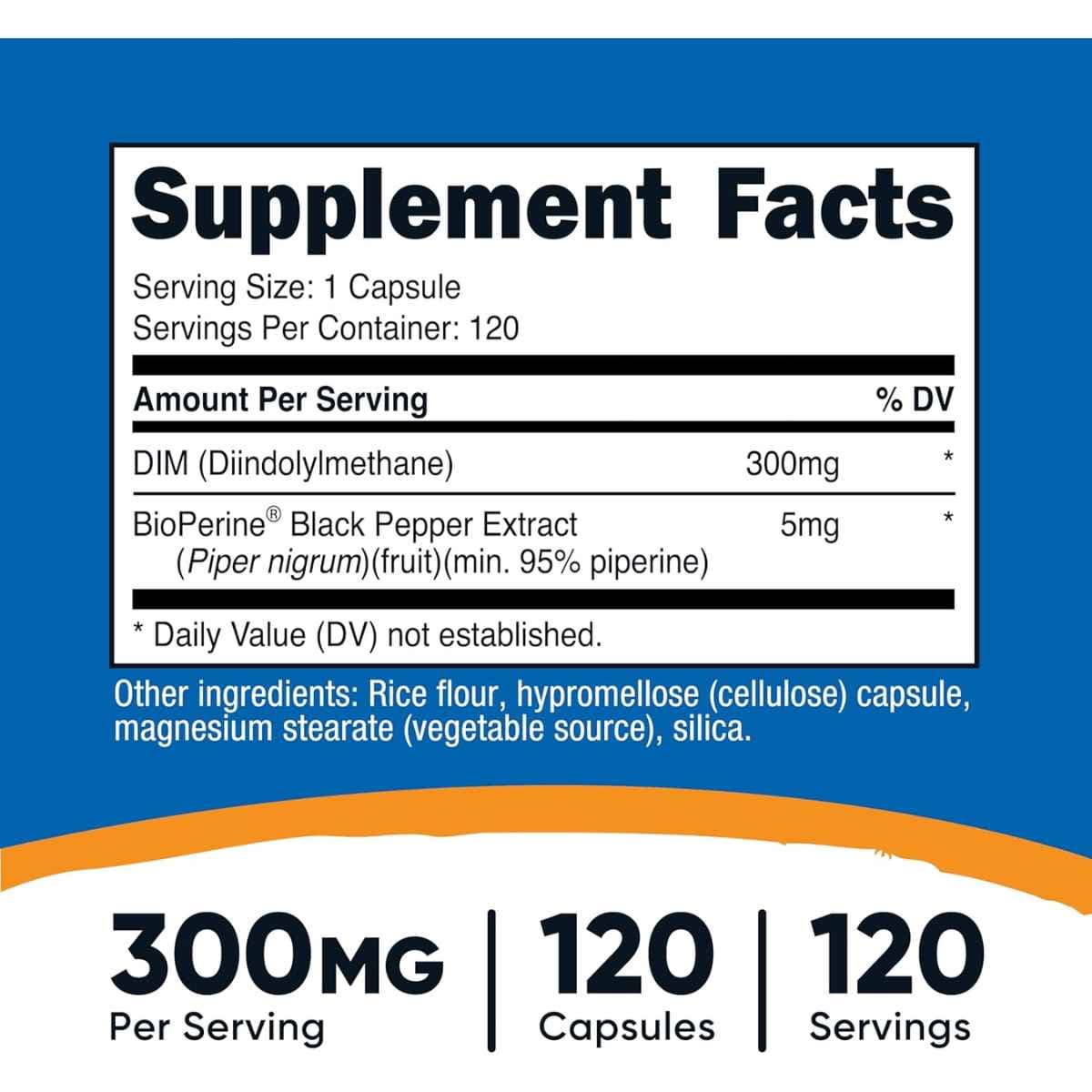 Tabla nutricional del suplemento Nutricost DIM 300 mg 120 cápsulas
