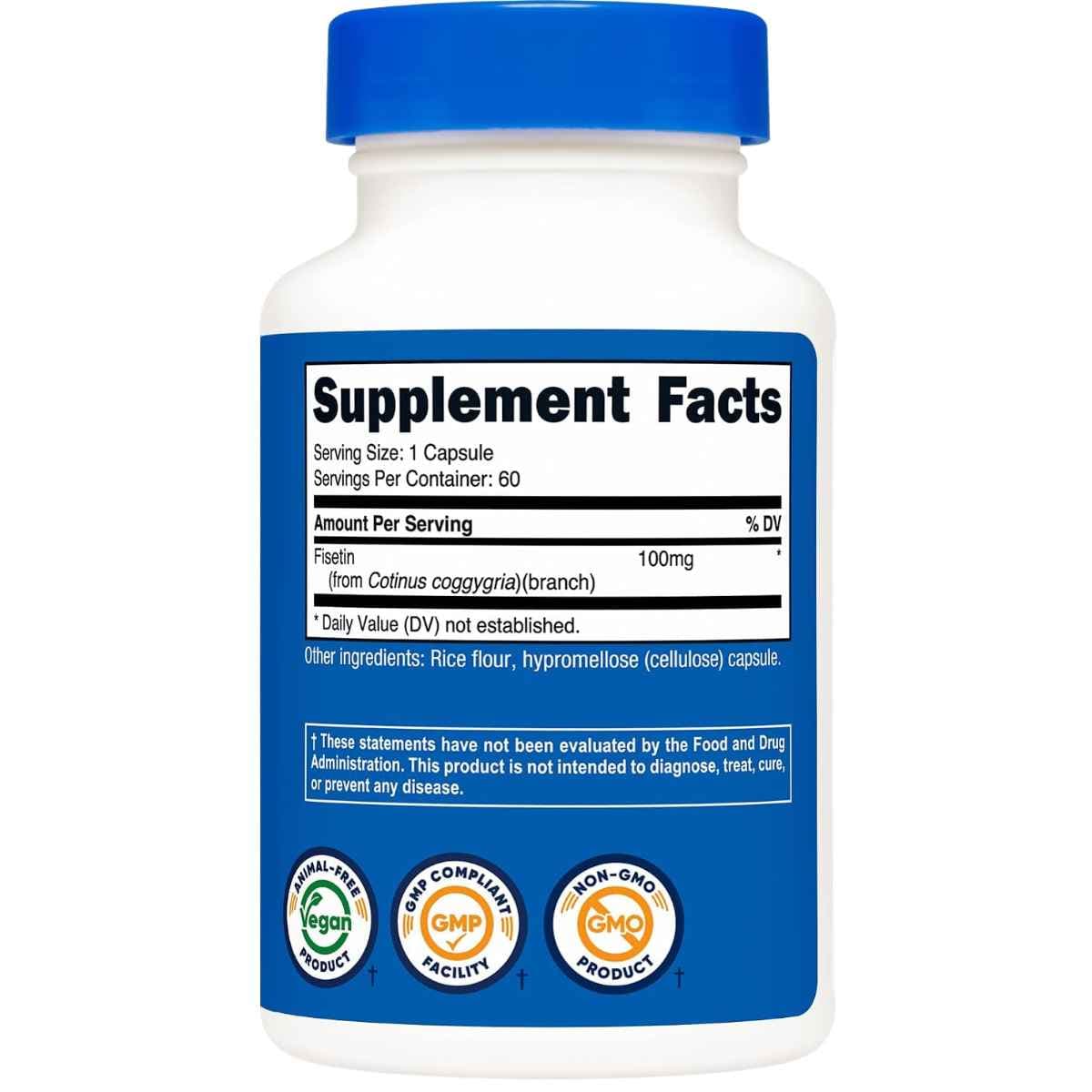 Información del suplemento Nutricost fisetina con 100 mg por cápsula