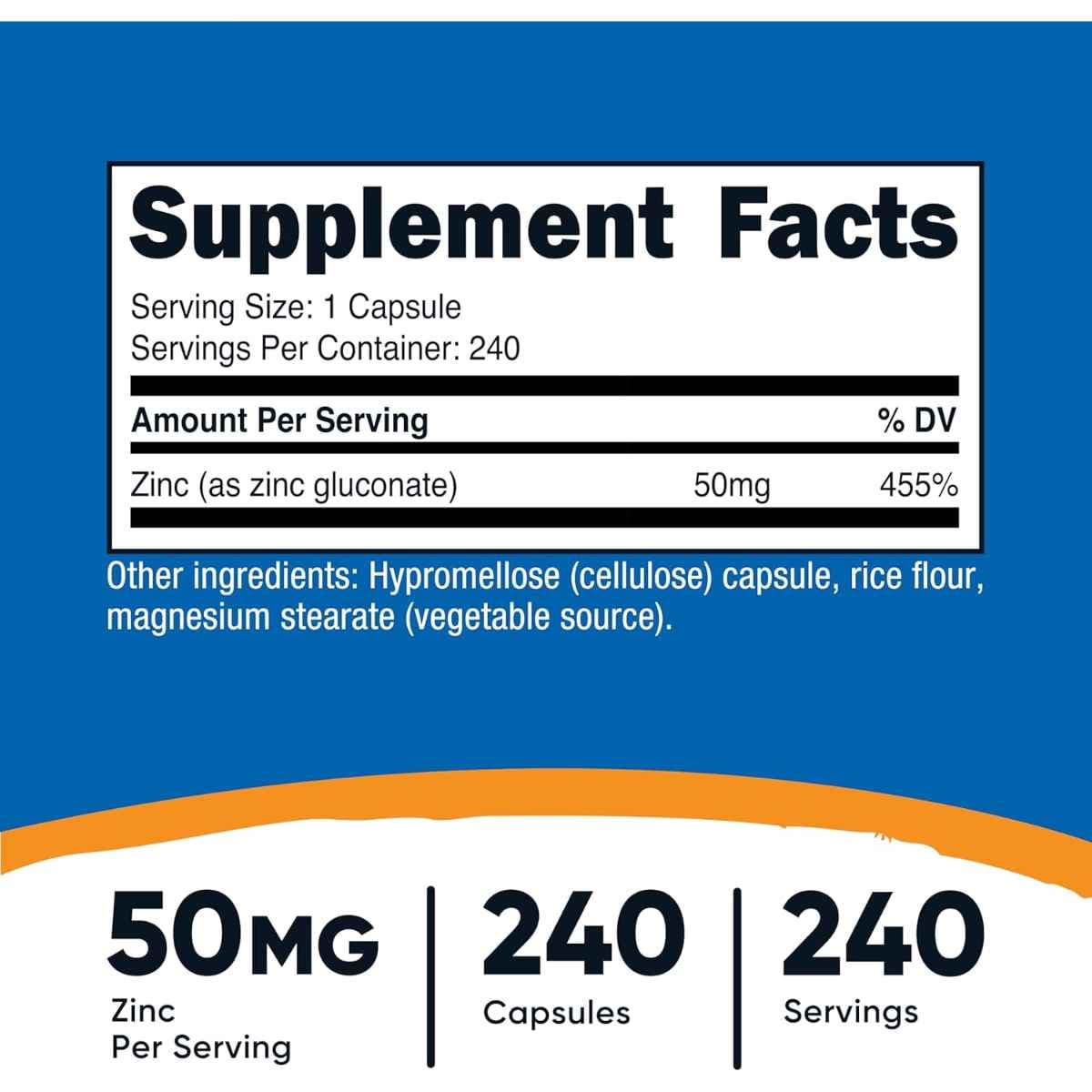 Tabla nutricional del suplemento Nutricost Gluconato de Zinc 50 mg 240 cápsulas