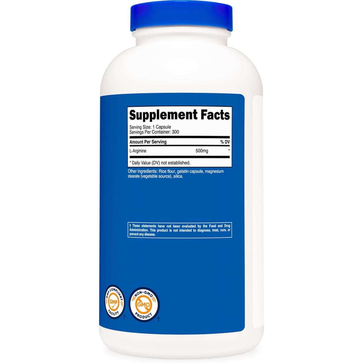 Tabla nutricional del suplemento Nutricost L-Arginina 500 mg 300 cápsulas