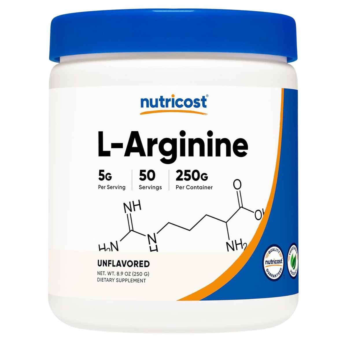 Envase de Nutricost L-arginina en polvo presentación 250 gramos sin sabor