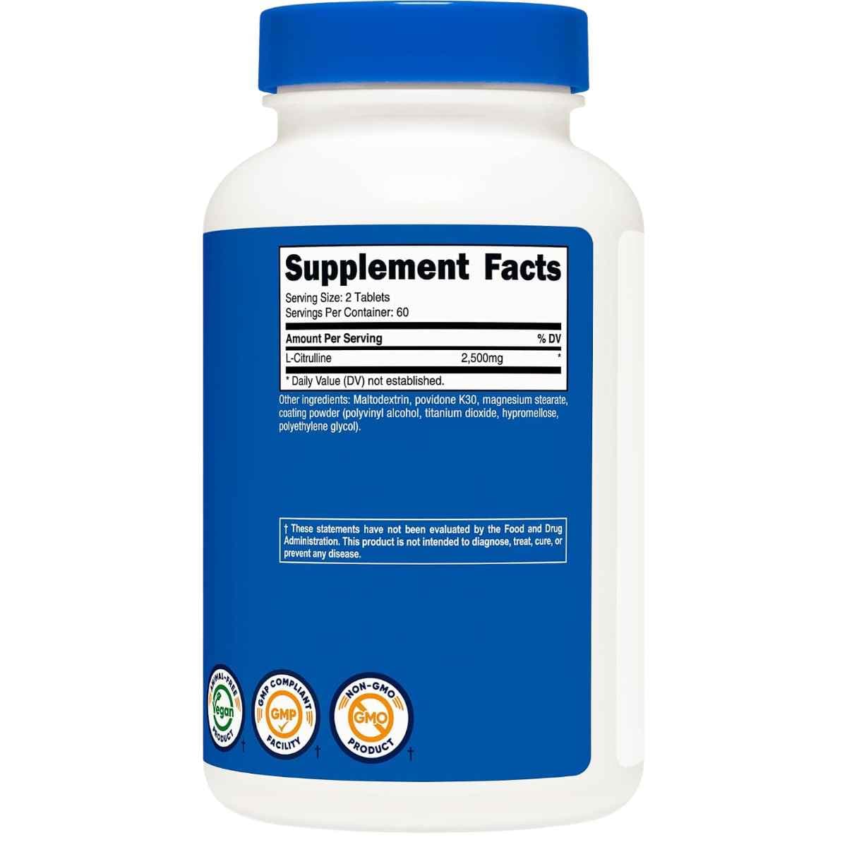 Información del suplemento Nutricost L-citrulina 2500 mg, 120 tabletas