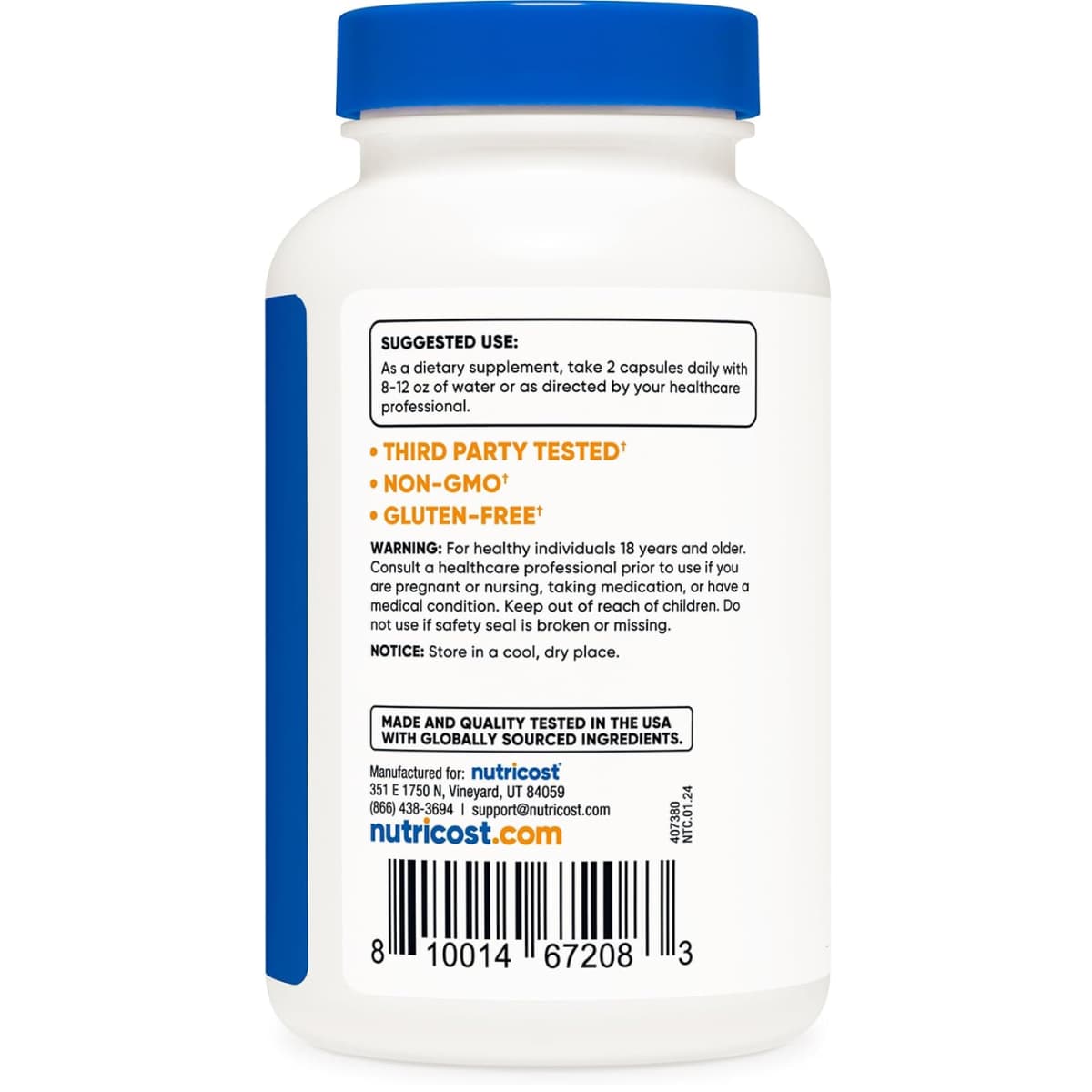 Modo de uso y advertencias de Nutricost Magnesium+ en presentación de 120 cápsulas