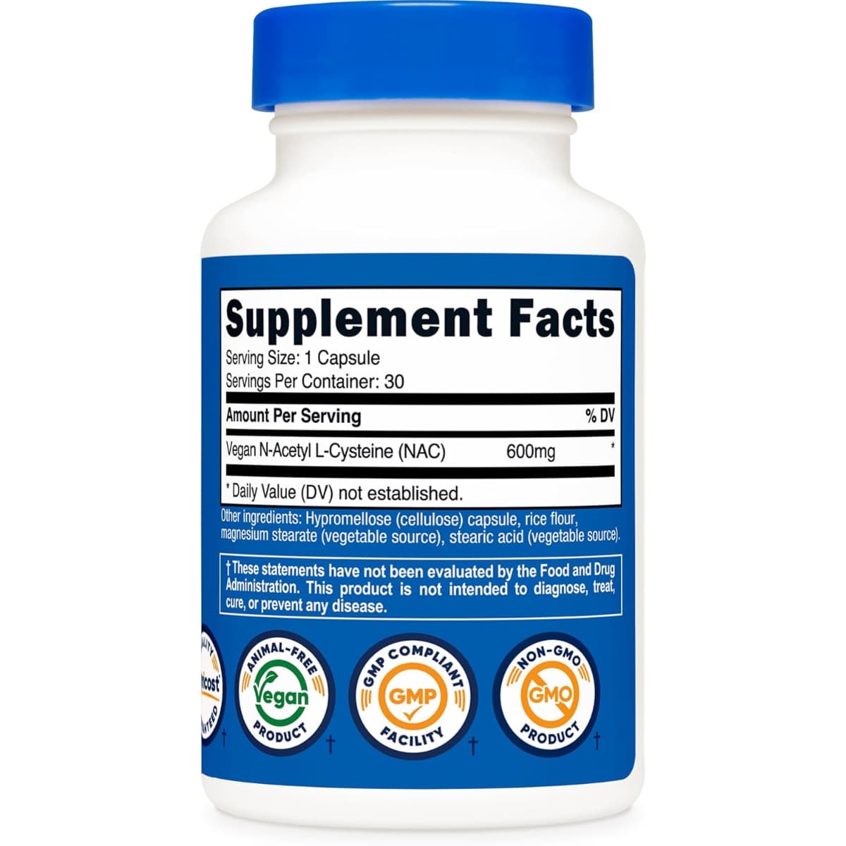 Tabla nutricional del suplemento Nutricost N-Acetil L-Cisteína (NAC) 30 cápsulas vegetales
