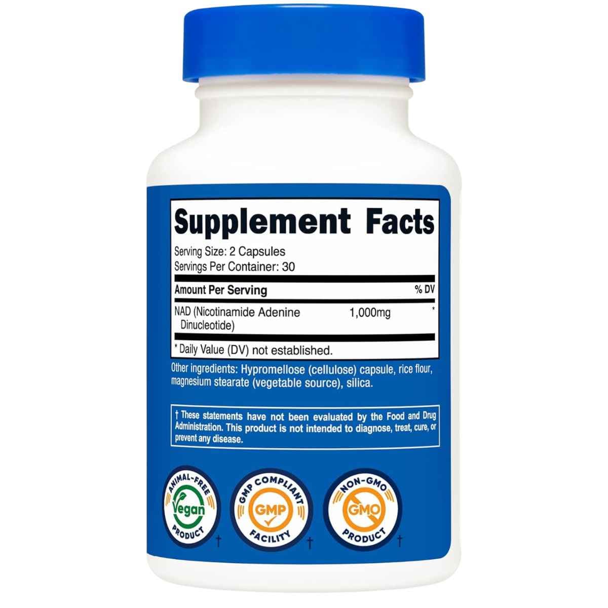 Etiqueta posterior de Nutricost NAD+ 1000 mg con modo de uso, advertencias y código de barras.