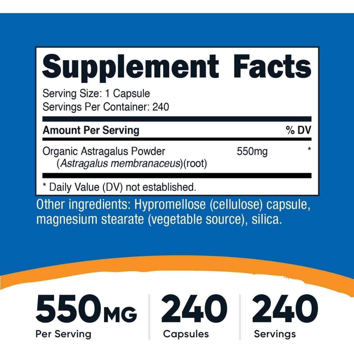 Nutricost - Raíz de Astrágalo (550 mg - 240 Cápsulas) - Tabla Nutricional y Suplemento