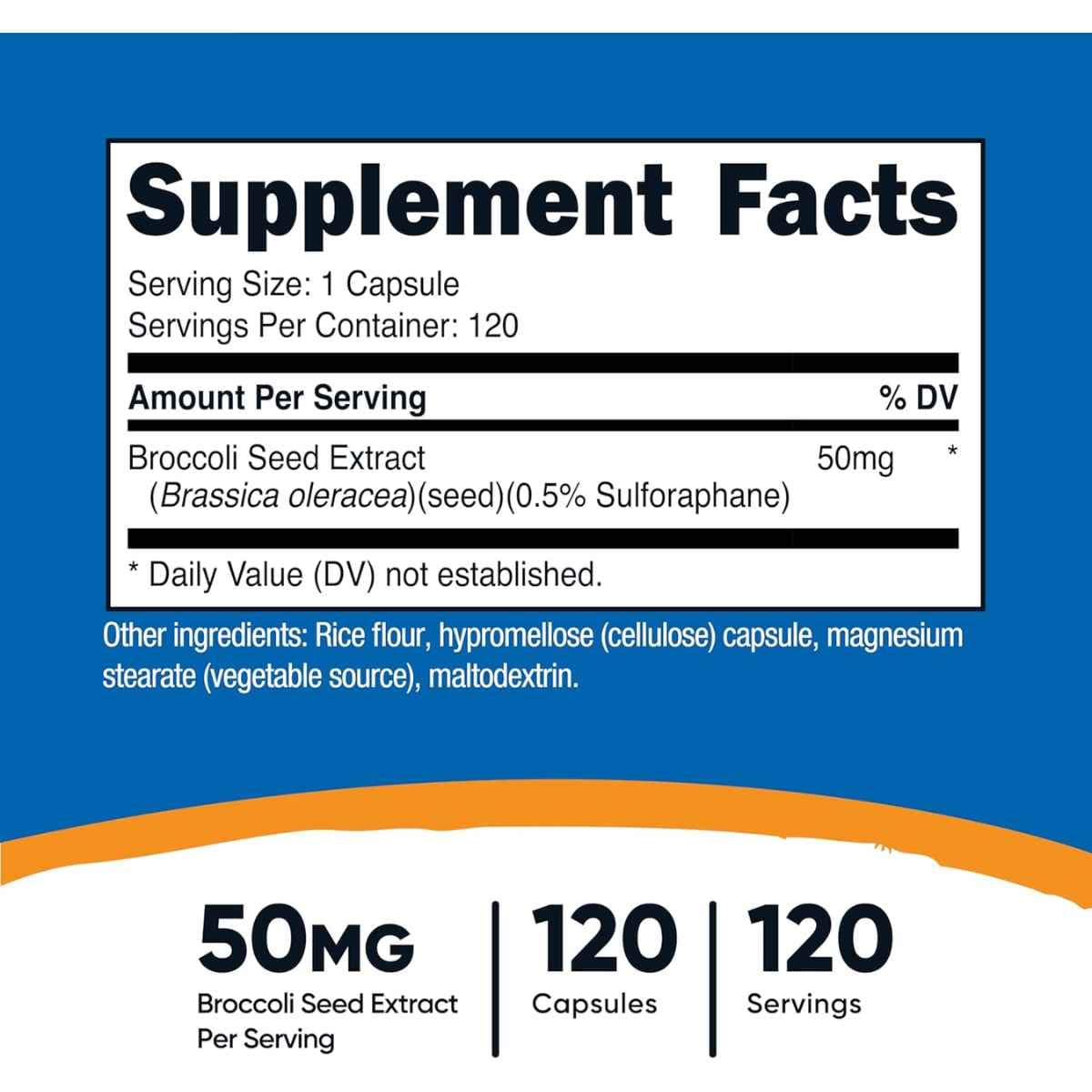 Tabla nutricional del suplemento Nutricost Sulforaphane Glucosinolate 50 mg 120 Cápsulas