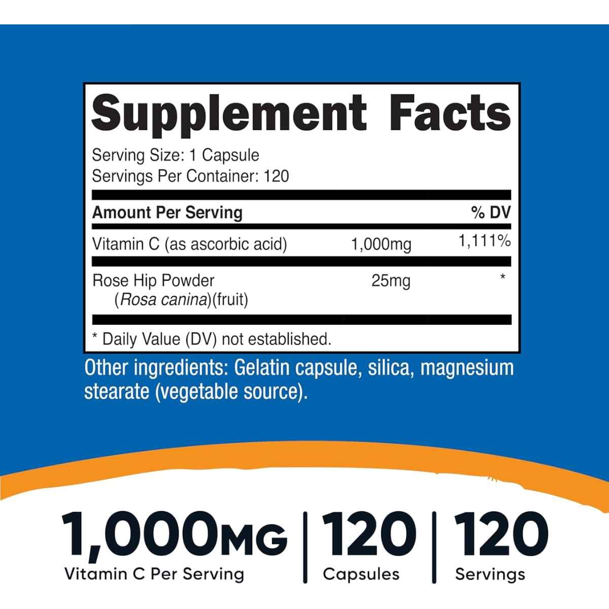 Tabla nutricional del suplemento Nutricost Vitamina C con Rosa Mosqueta 1000 mg 120 cápsulas