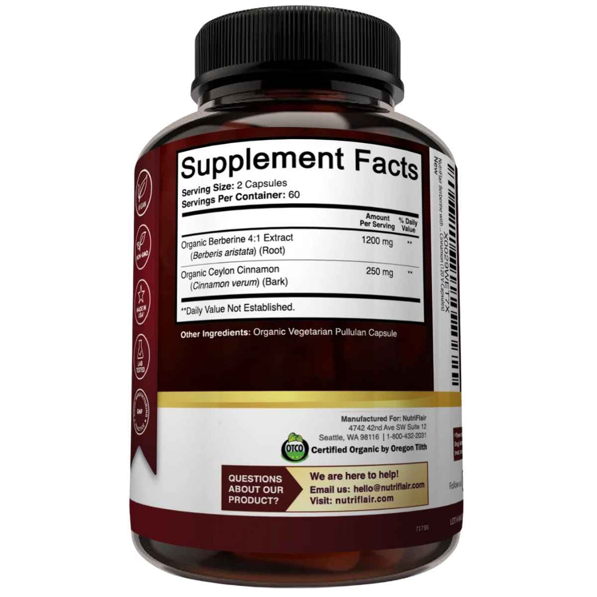 Tabla nutricional del suplemento NutriFlair Berberina Orgánica con Canela de Ceilán 1450 mg 120 Cápsulas
