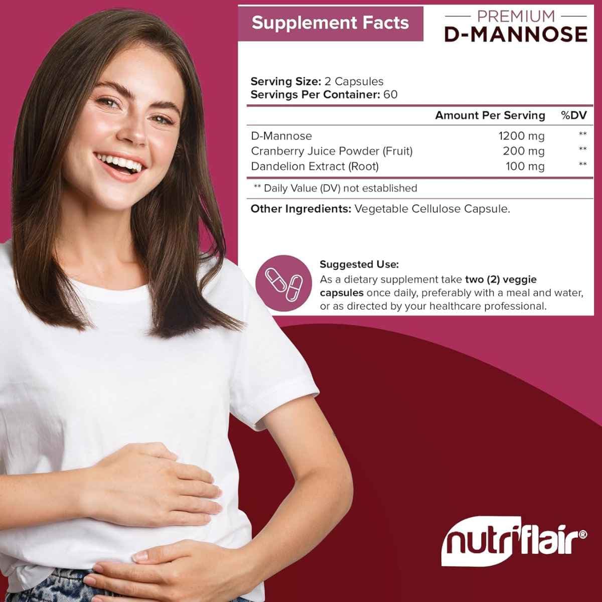 Tabla nutricional del suplemento NutriFlair D-Manosa 120 cápsulas