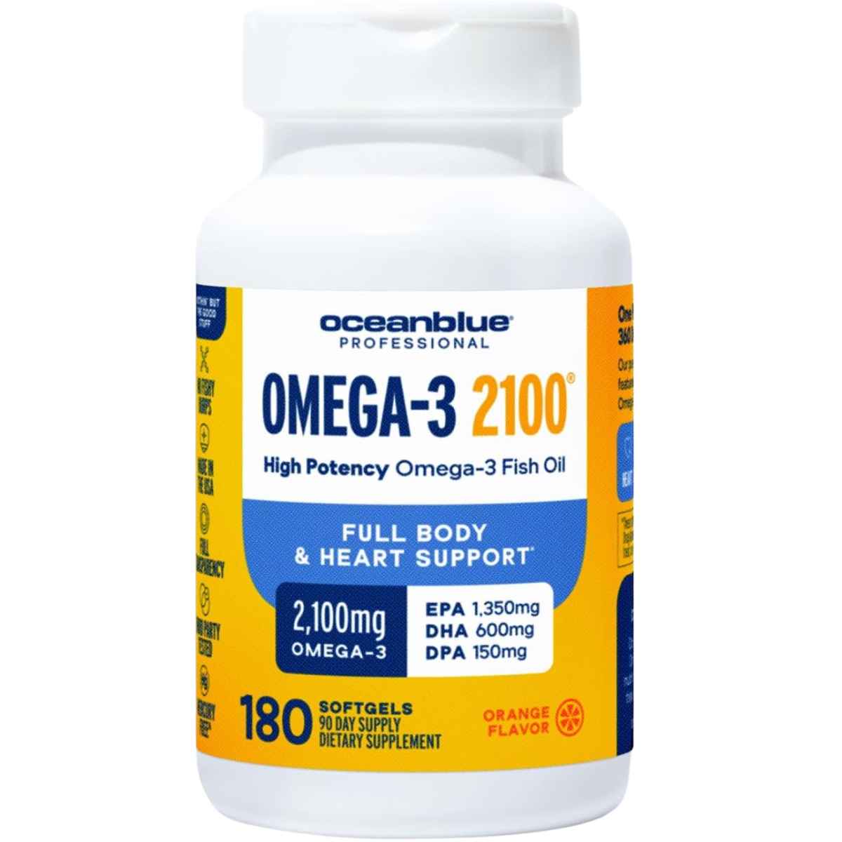 Frasco frontal de Oceanblue Omega-3 2100 aceite de pescado de 2100 mg por porción y 180 cápsulas blandas.