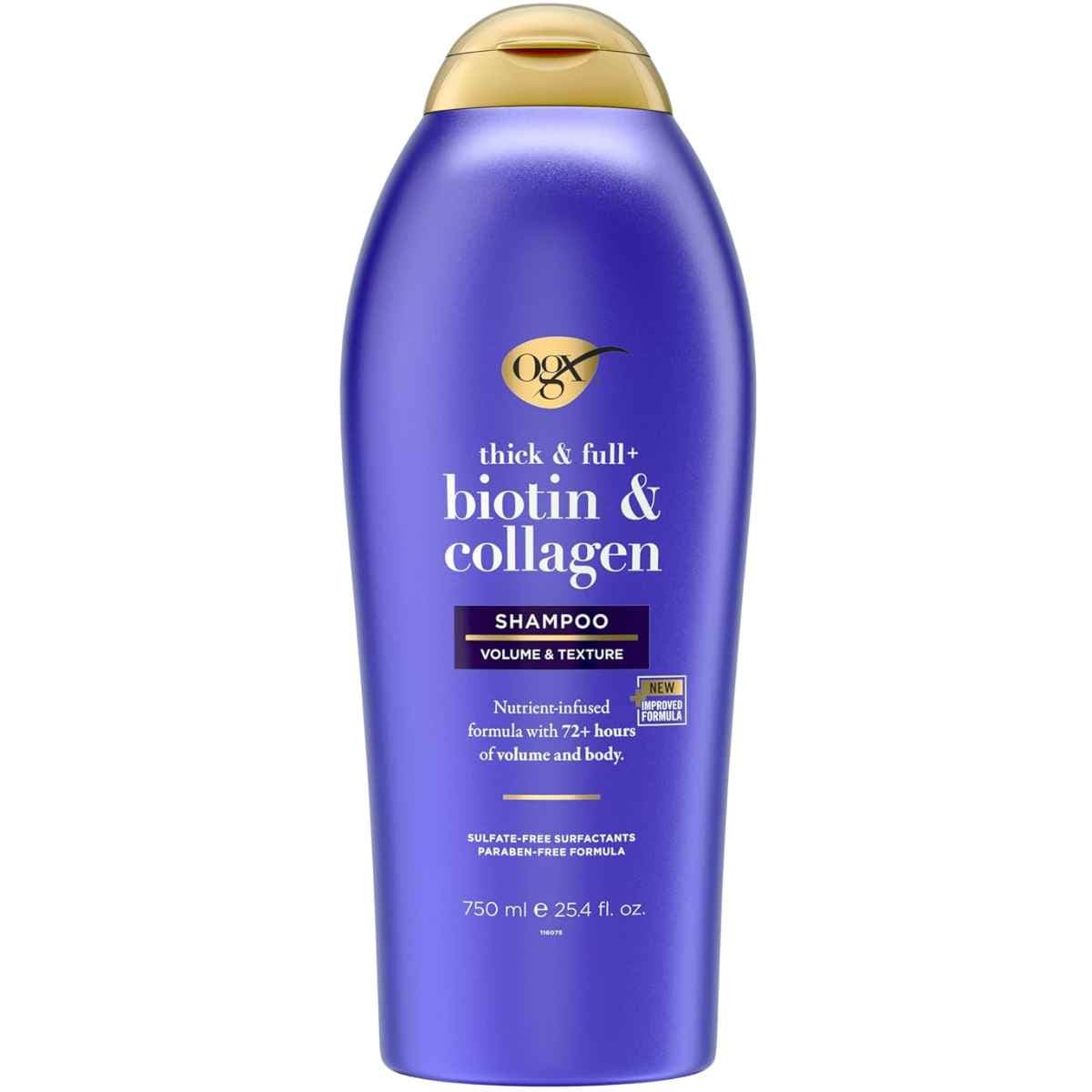 Botella de shampoo OGX Biotina y Colágeno Thick & Full+ 750 ml