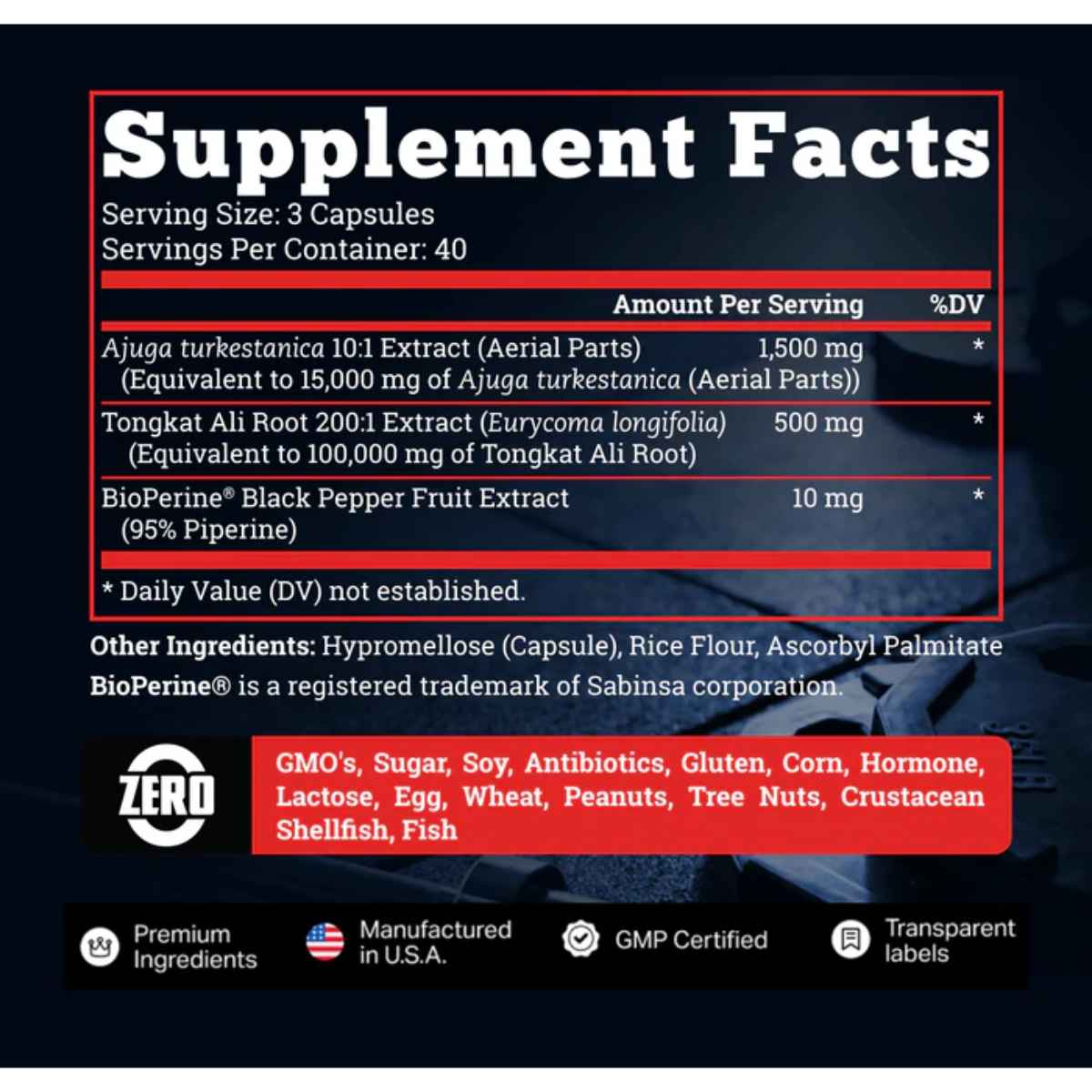 Panel de información del suplemento de Old School Labs Turkesterone con Tongkat Ali