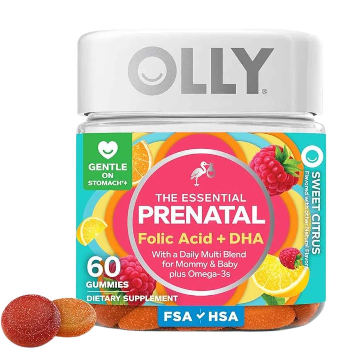Frasco de multivitamínico prenatal OLLY con ácido fólico y DHA de 60 gomitas sabor cítrico dulce