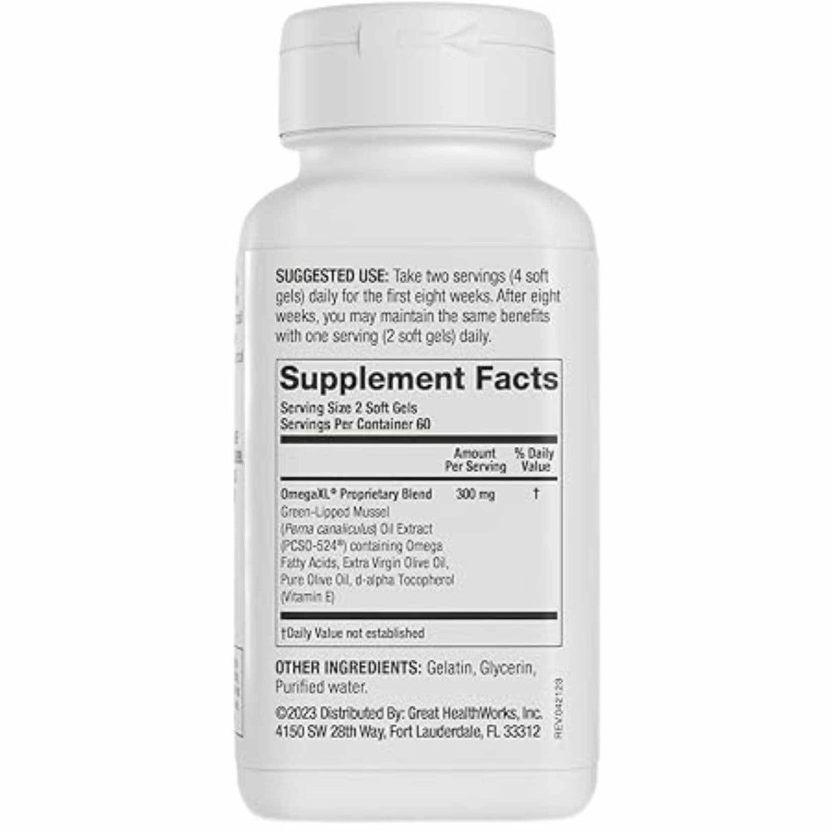 Información del suplemento de OmegaXL con mezcla propietaria de 300 mg por porción de 2 cápsulas blandas.