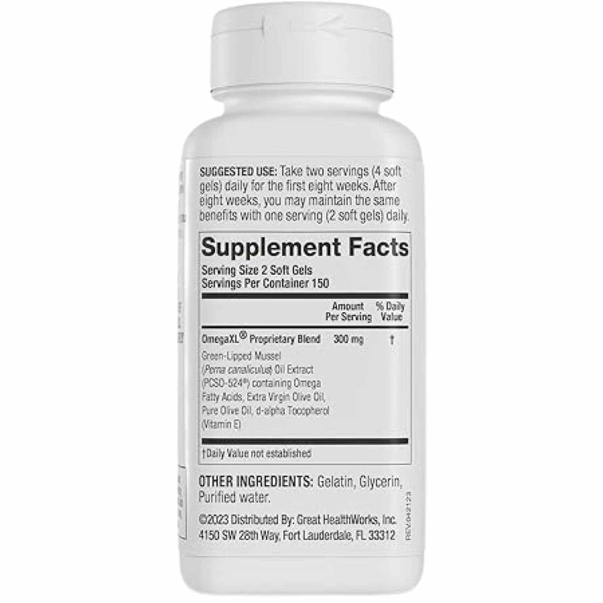 Información del suplemento de OmegaXL con mezcla propietaria de 300 mg por porción de 2 cápsulas blandas.