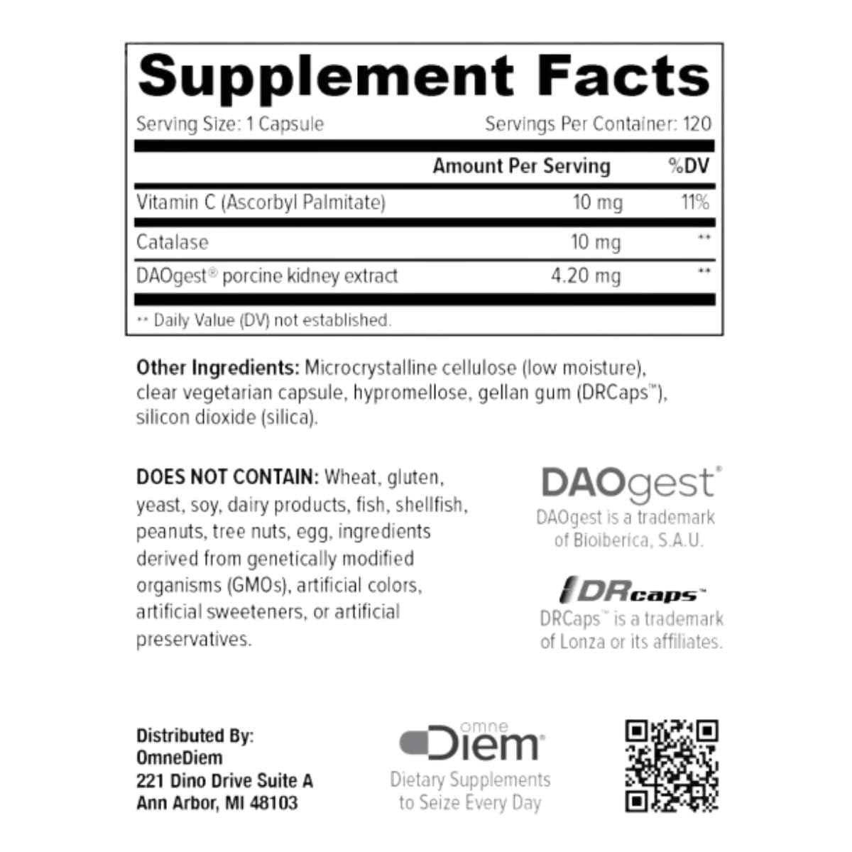 Información del suplemento de OmneDiem Histamine Digest de 120 cápsulas con vitamina C, catalasa y DAOgest