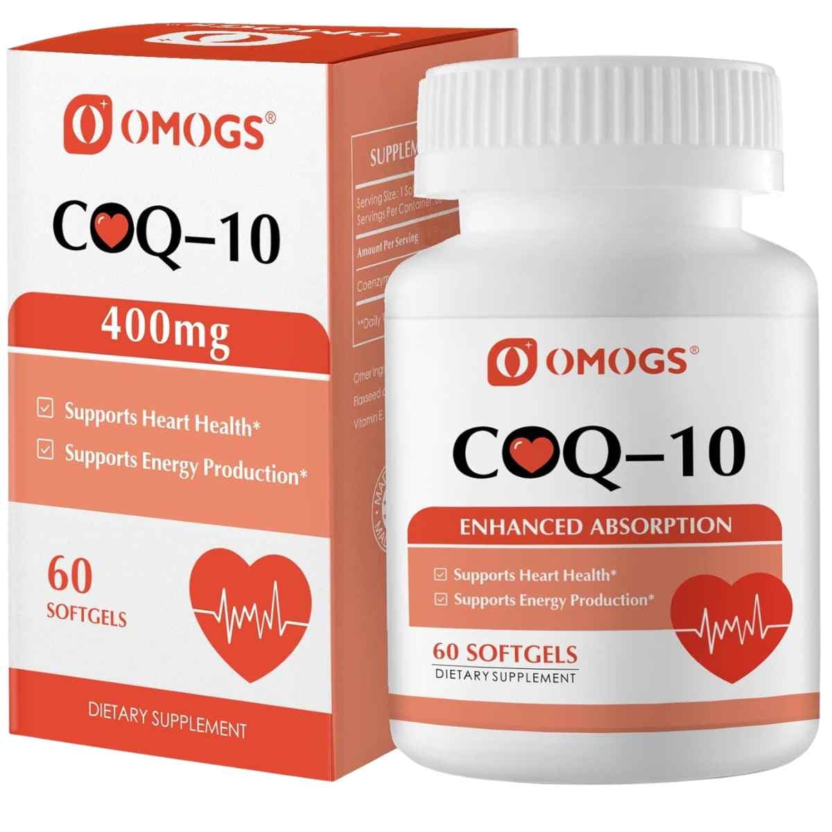 Frasco de suplemento OMOGS Coenzima Q10 60 cápsulas blandas