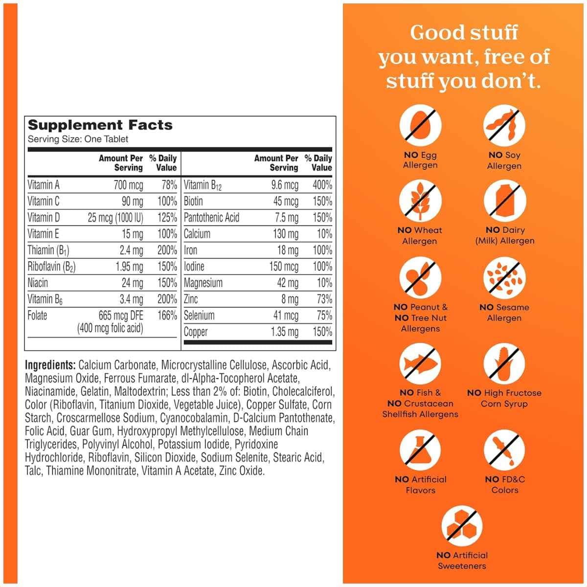 Tabla nutricional del suplemento One A Day Multivitamínico para Mujer 200 Tabletas