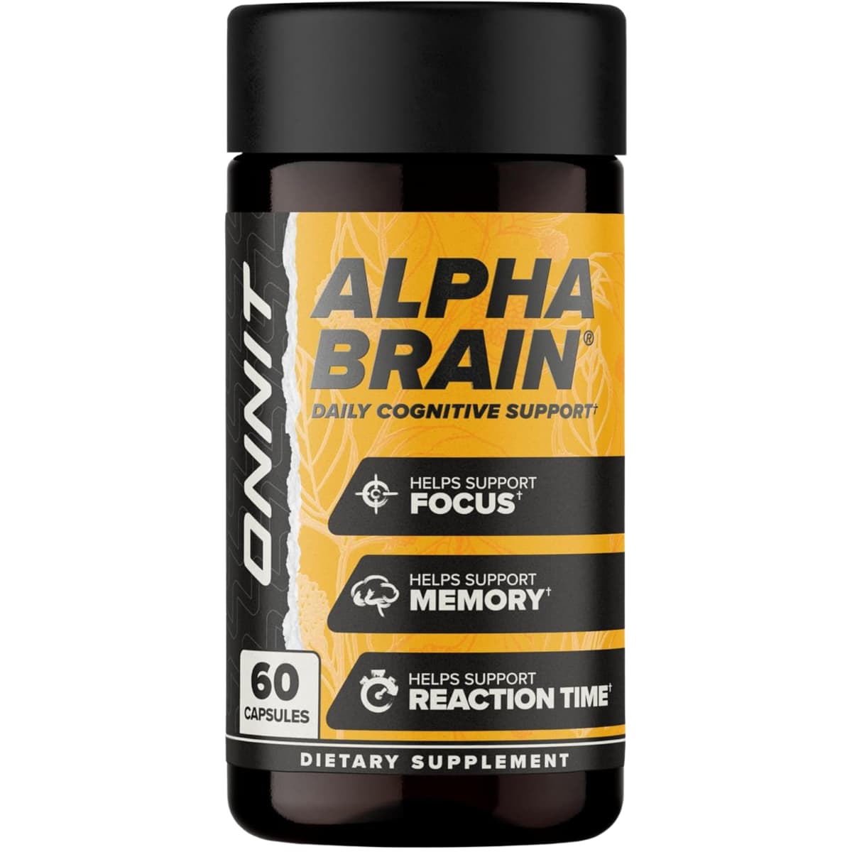 Frasco frontal de ONNIT Alpha BRAIN fórmula nootrópica en presentación de 60 cápsulas