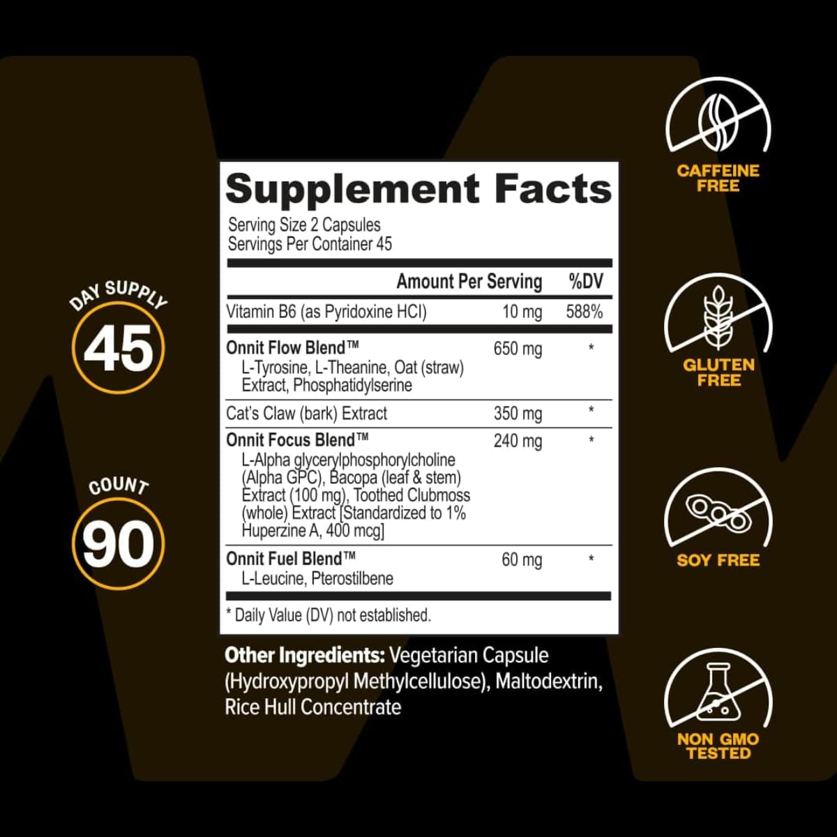 Etiqueta de suplemento de ONNIT Alpha BRAIN en presentación de 90 cápsulas