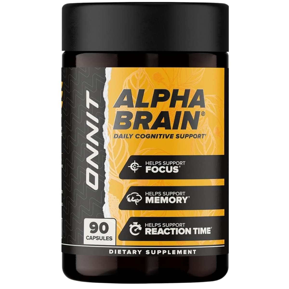 Frasco frontal de ONNIT Alpha BRAIN fórmula nootrópica en presentación de 90 cápsulas