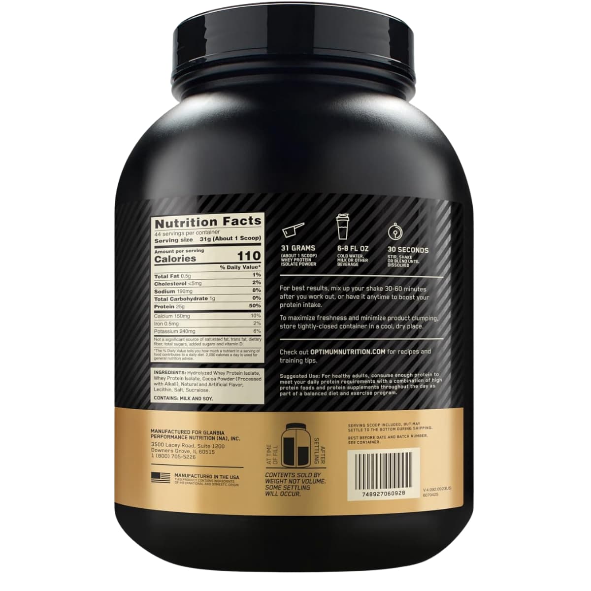Tabla nutricional del suplemento Optimum Nutrition Gold Standard 100% Isolate Chocolate Bliss 3 lbs