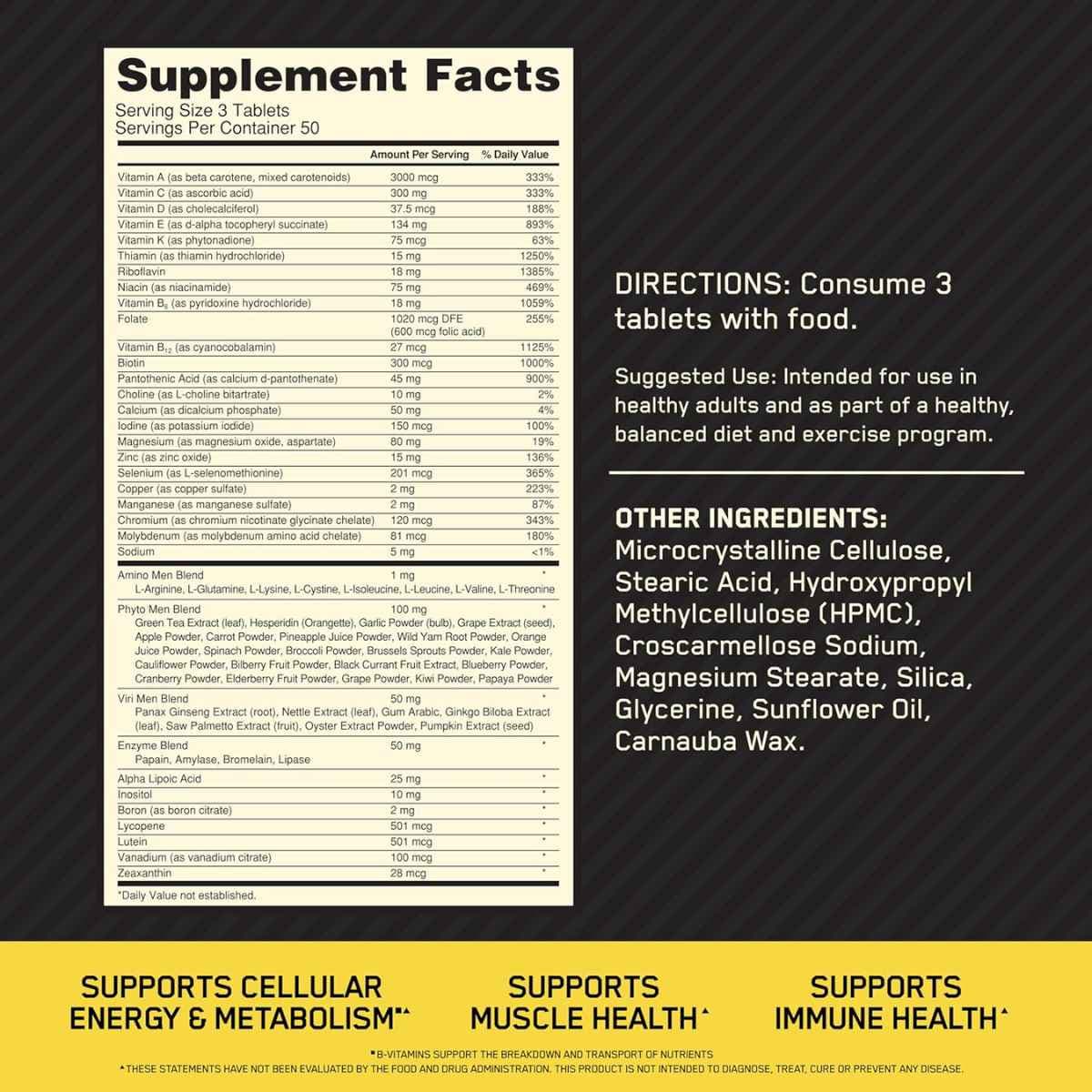 Tabla nutricional del suplemento Optimum Nutrition Opti-Men Multivitamínico 150 Tabletas