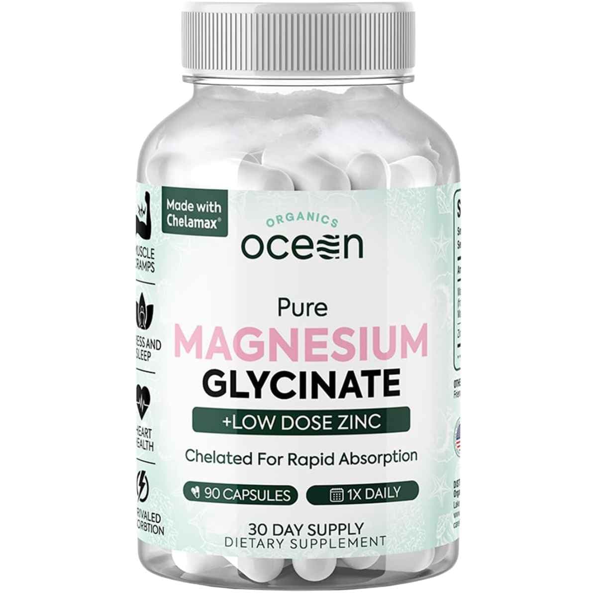 Frasco de suplemento Organics Ocean Glicinato de Magnesio + Zinc 90 cápsulas