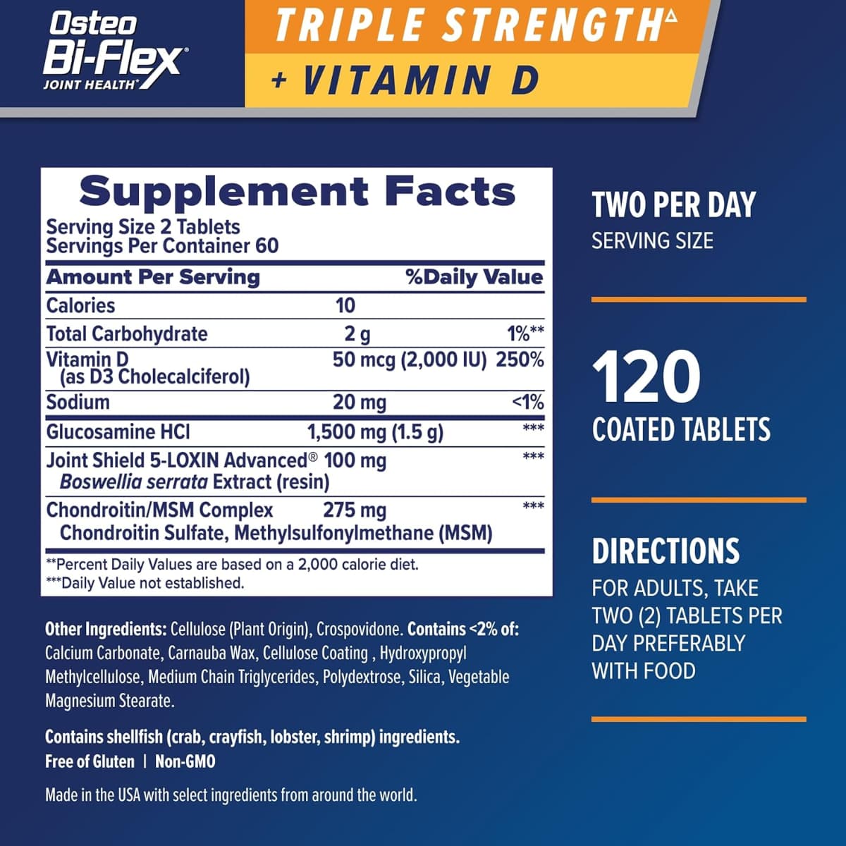 Tabla nutricional del suplemento Osteo Bi-Flex Glucosamina HCl y Vitamina D3 1500 mg 120 tabletas