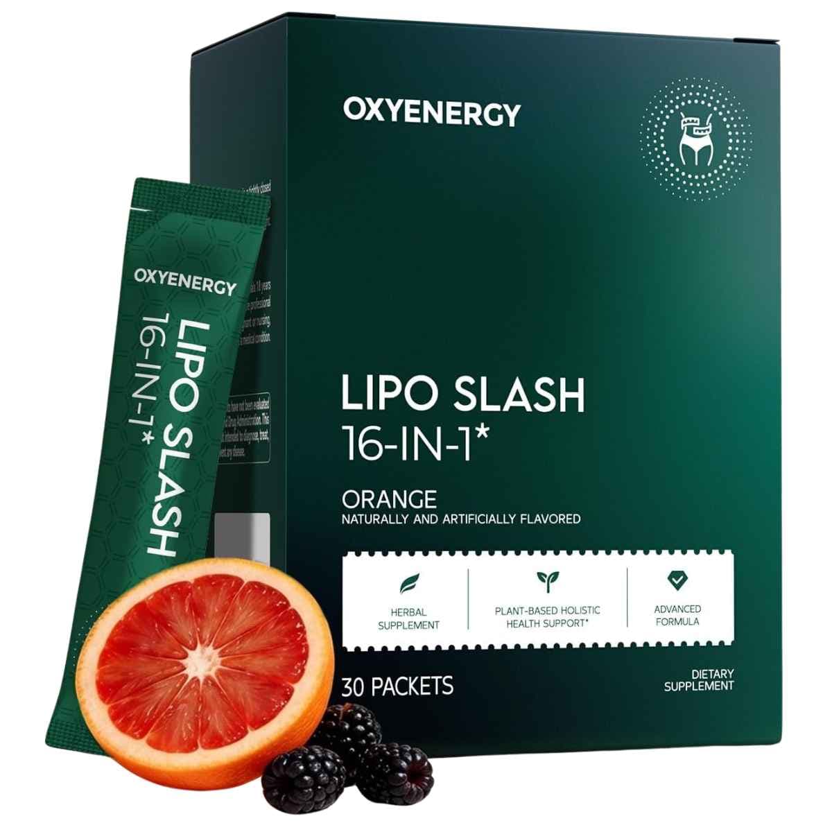Caja y sobre de OxyEnergy Lipo Slash 16-in-1 sabor naranja con 30 sobres