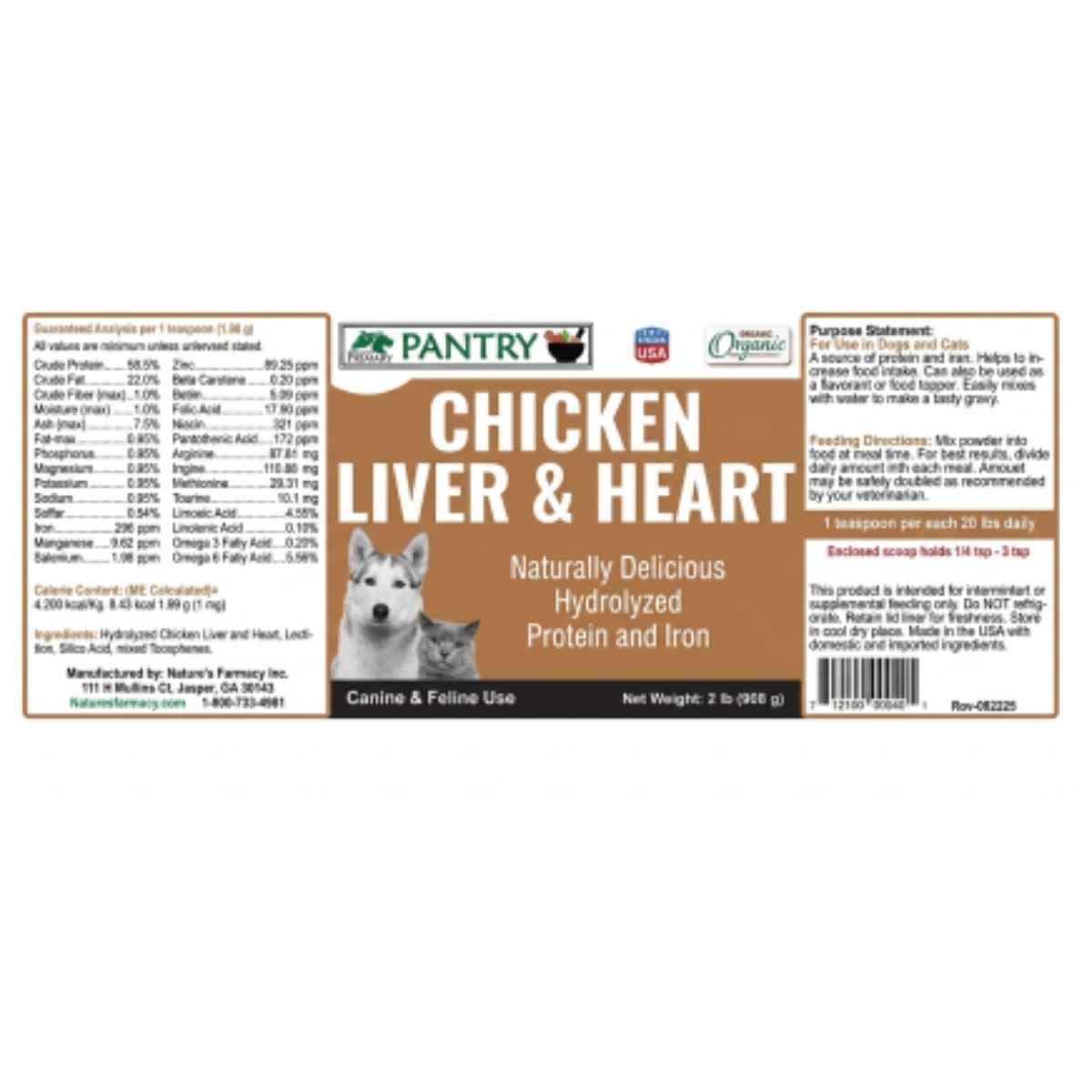 Etiqueta de Pantry Chicken Liver & Heart Powder de 2 lb con análisis garantizado, ingredientes e instrucciones de uso