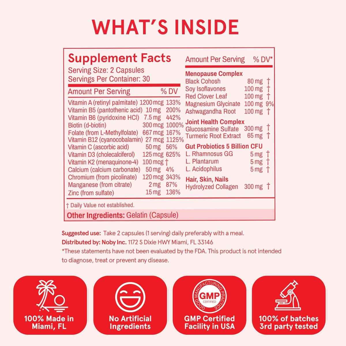 Tabla nutricional del suplemento Peach Perfect Multivitamínico para Menopausia 60 Cápsulas