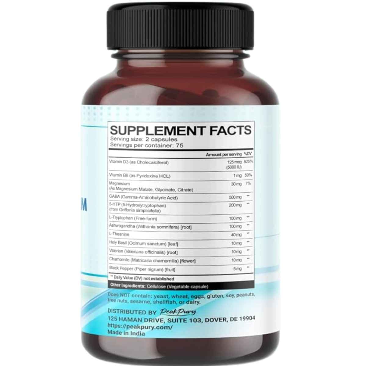 Tabla nutricional del suplemento PeakPury Complejo de GABA, 5-HTP y Ashwagandha 150 cápsulas