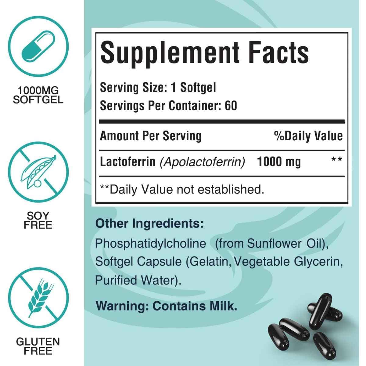 Tabla nutricional del suplemento Pepeior Lactoferrina Liposomal 1000 mg 60 Cápsulas Blandas