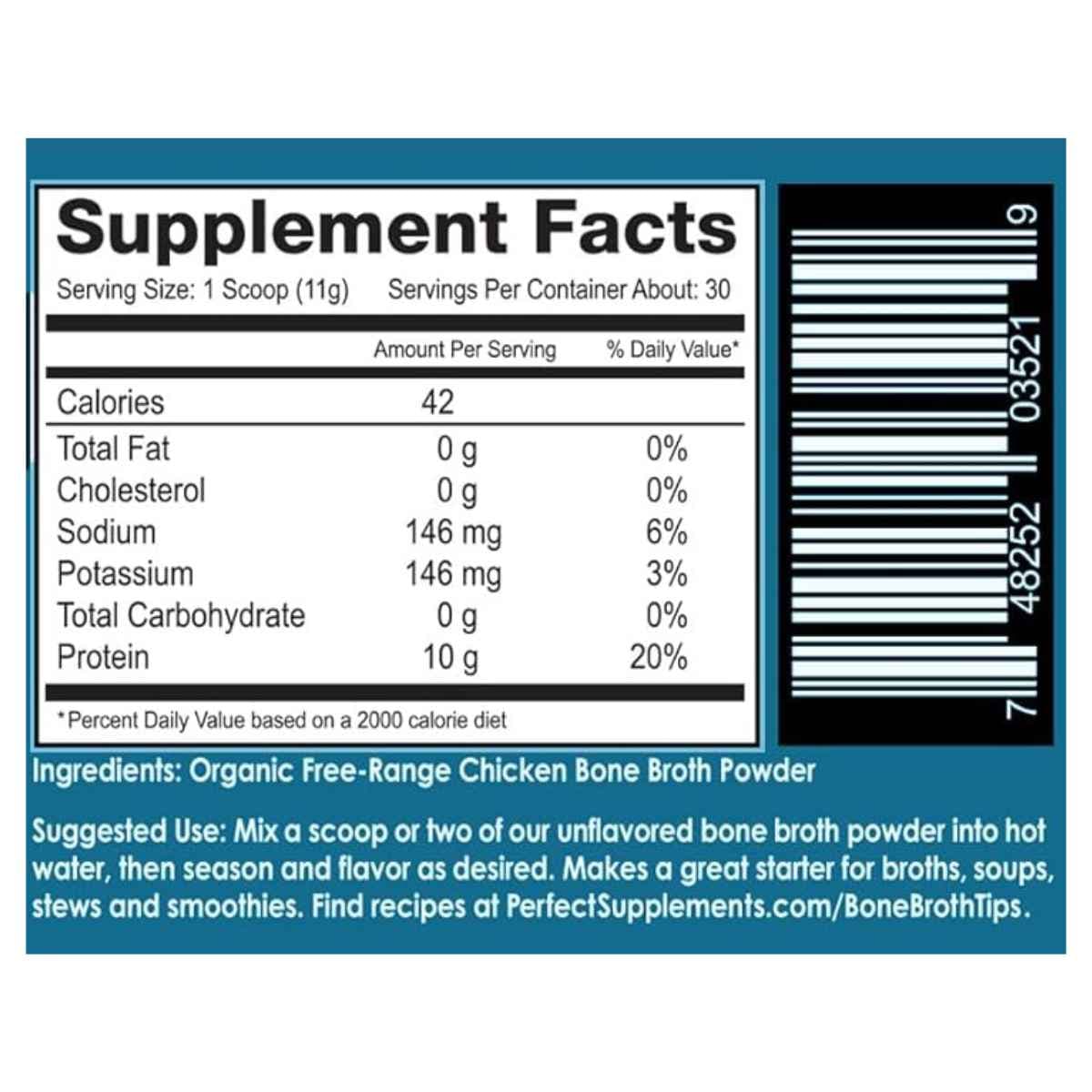 Información del suplemento, ingrediente y modo de uso de Perfect Supplements caldo de huesos de pollo orgánico en polvo de 330 g.