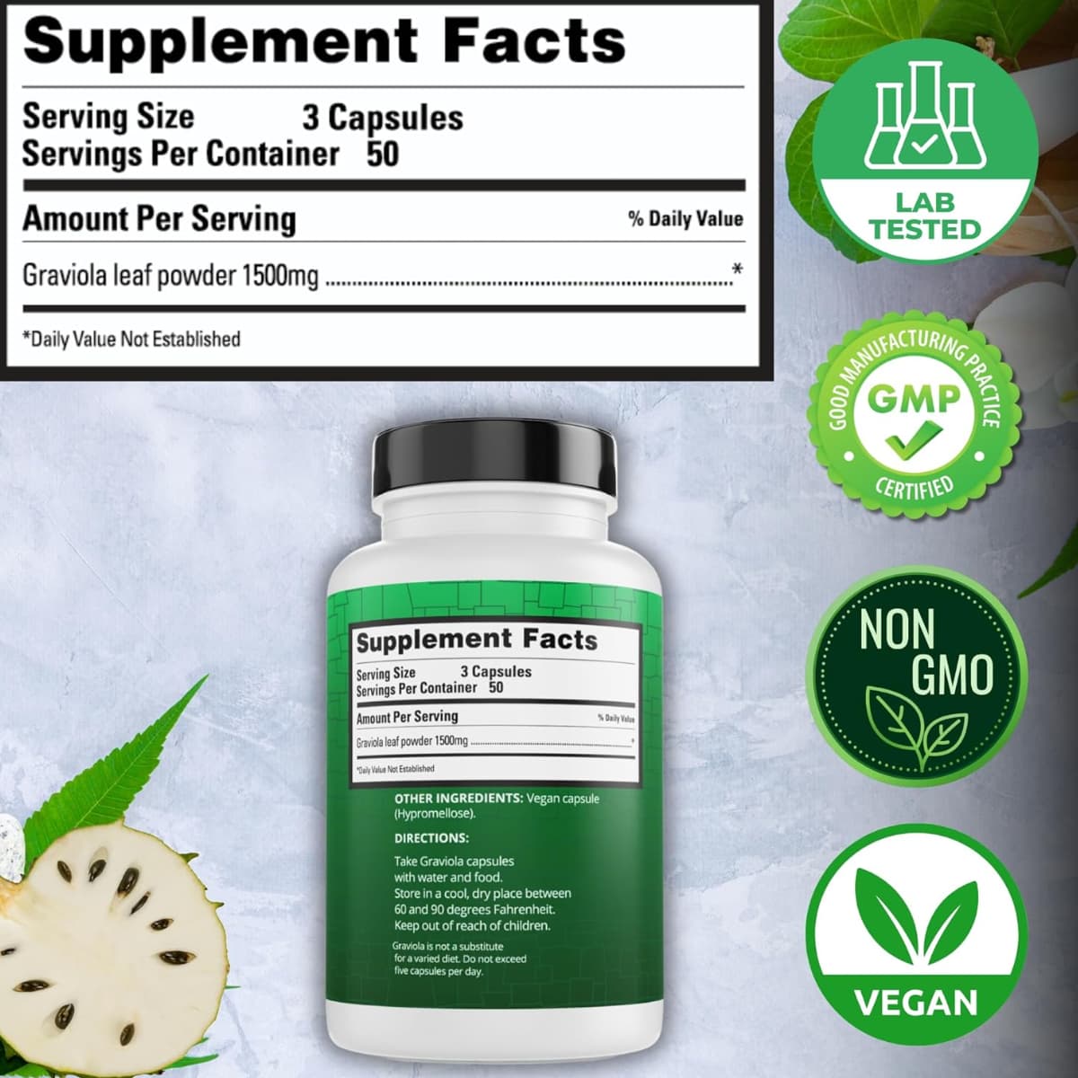 Tabla nutricional del suplemento Peruvian Naturals Graviola Guanábana 150 cápsulas