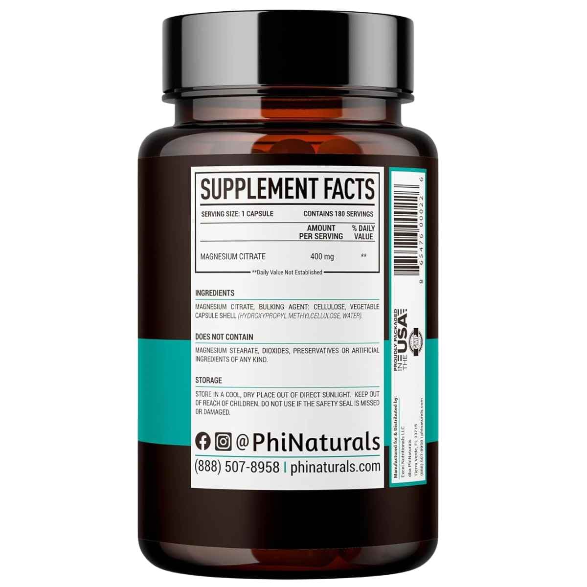 Etiqueta de suplemento de PhiNaturals Citrato de Magnesio con información de porción, ingredientes y advertencias