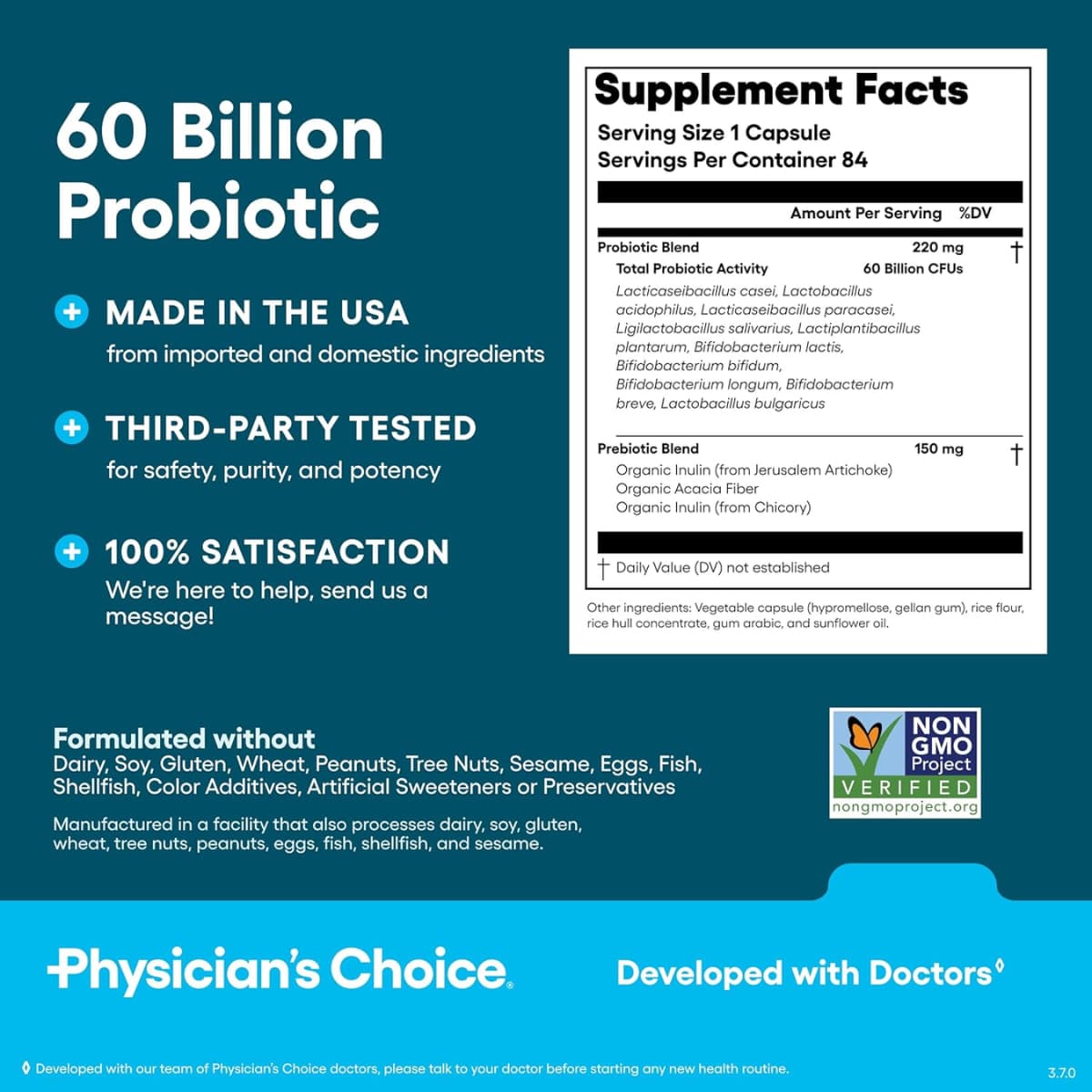Tabla nutricional del suplemento Physician's Choice Probiótico 60 Billion 84 cápsulas