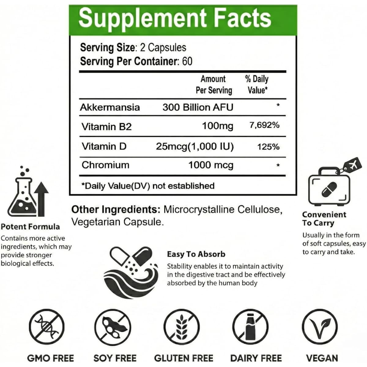 Información suplementaria de Phyzen Akkermansia con porción, Akkermansia, vitamina B2, vitamina D, cromo y otros ingredientes