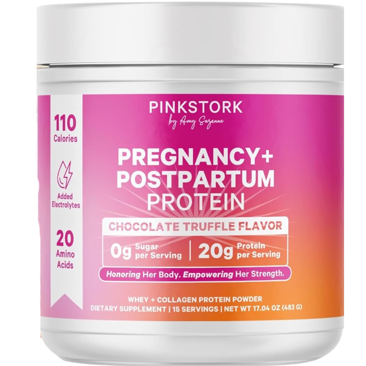 Frasco de suplemento Pink Stork Proteína para Embarazo y Postparto sabor Trufa de Chocolate 483 g