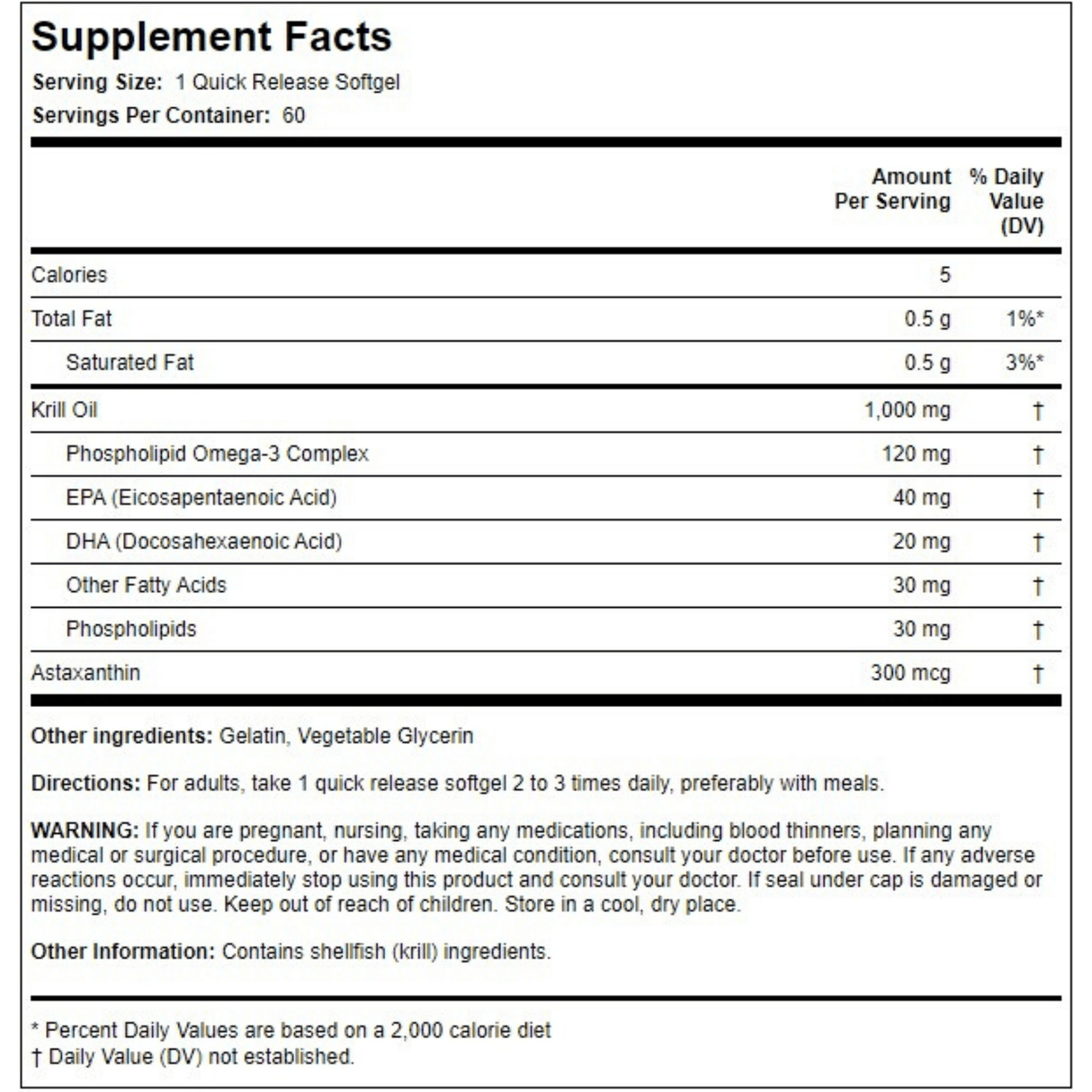 Etiqueta de suplemento de Piping Rock aceite de krill 1000 mg, presentación de 60 cápsulas blandas