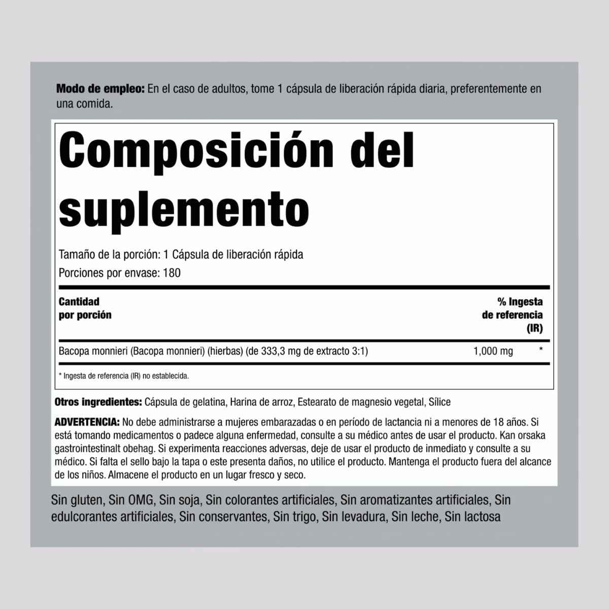 Tabla nutricional del suplemento Piping Rock Bacopa monnieri 180 cápsulas