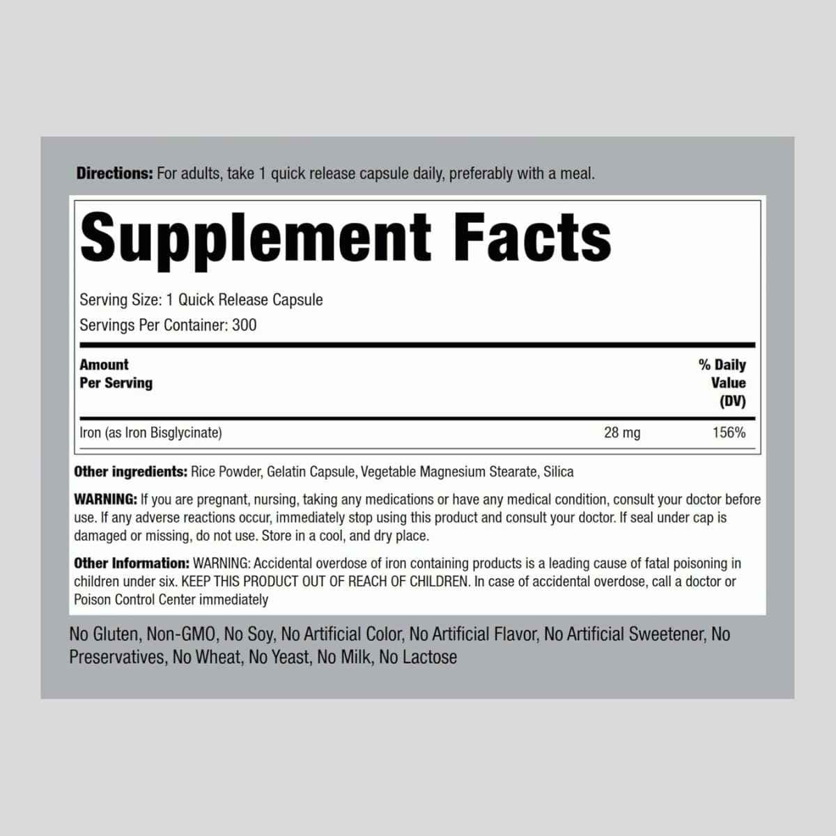 Tabla nutricional del suplemento Piping Rock Bisglicinato de Hierro 28 mg 300 cápsulas