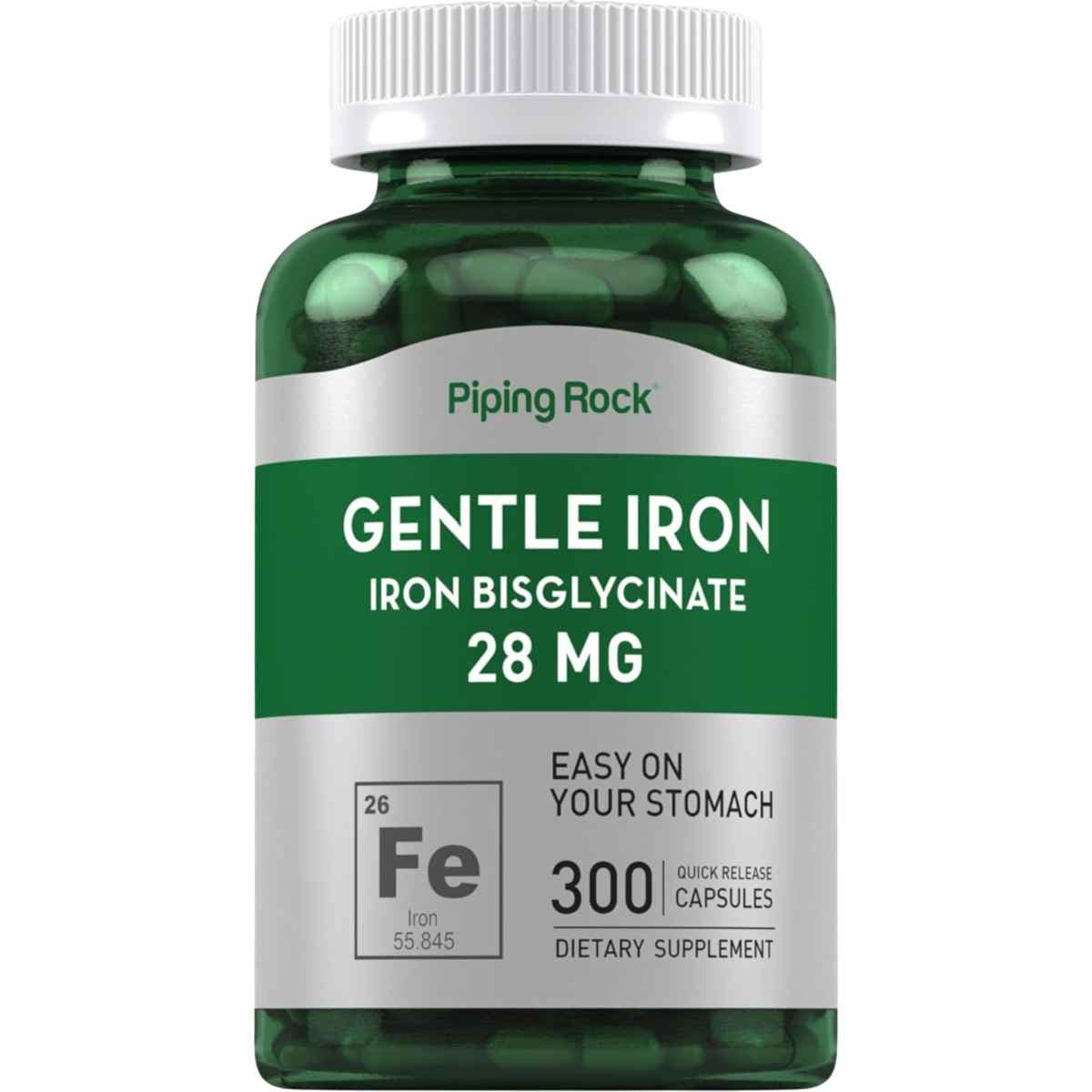 Frasco de suplemento Piping Rock Bisglicinato de Hierro 28 mg 300 cápsulas