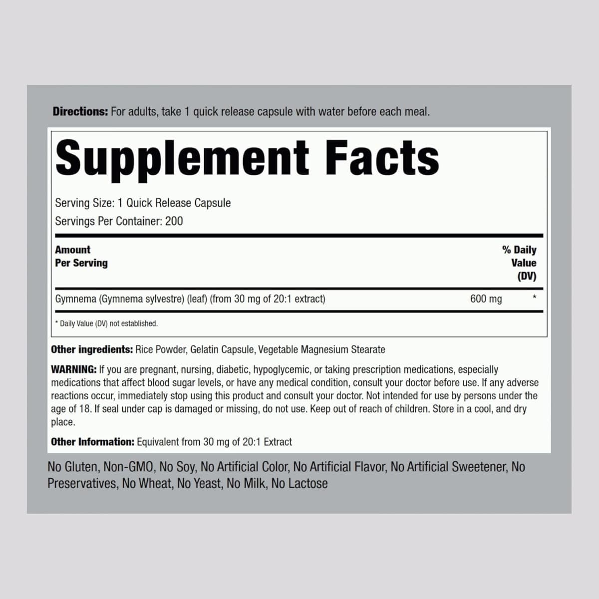 Tabla nutricional del suplemento Piping Rock Gymnema Silvestre 600 mg 200 cápsulas