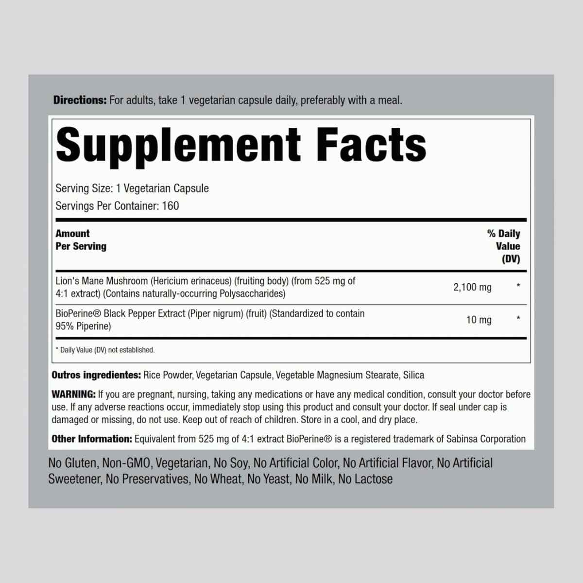 Tabla nutricional del suplemento Piping Rock Melena de León 2100 mg 160 cápsulas